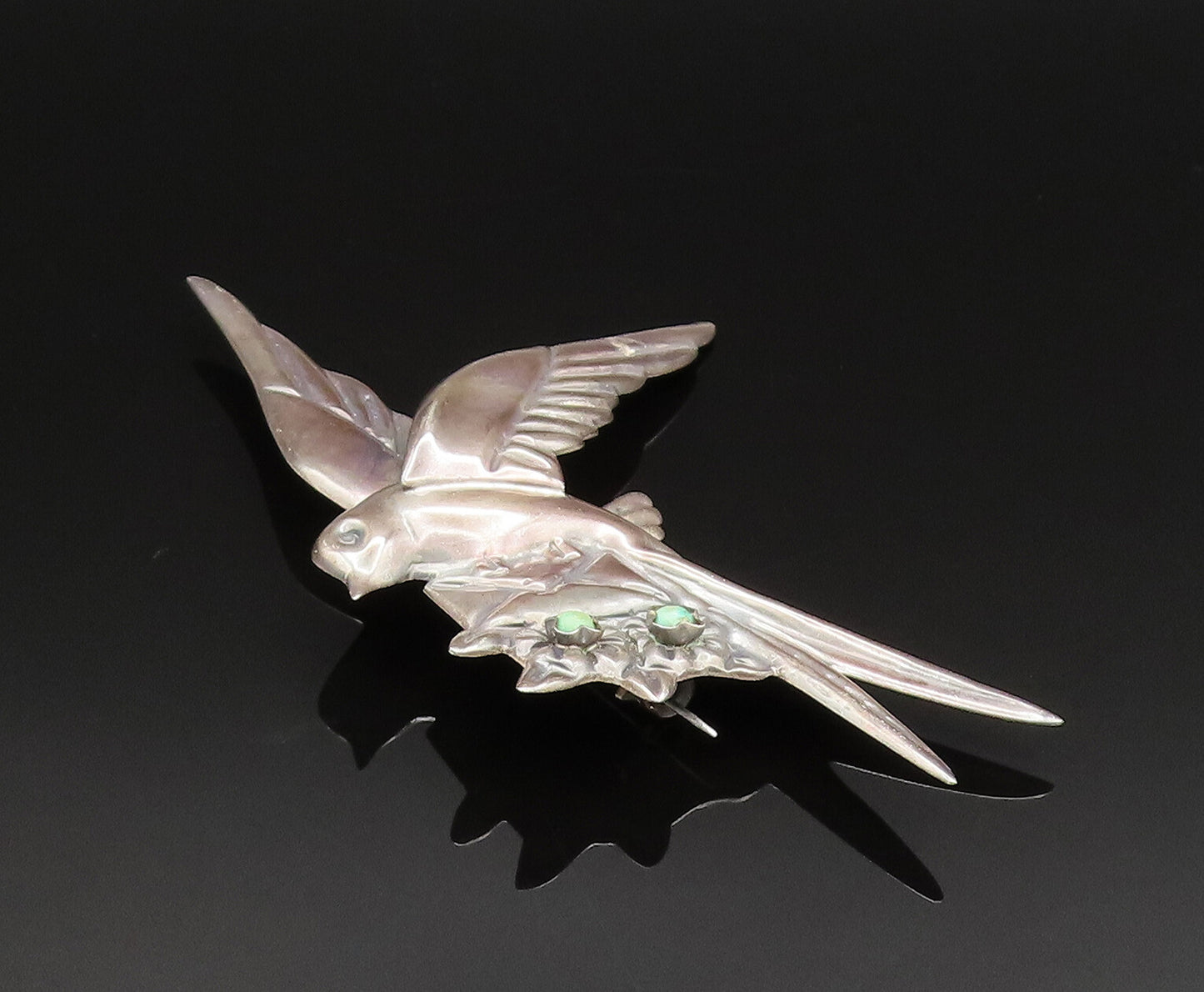 MEXICO 925 Silver  Vintage Antique Dove Bird Turquoise Mail Brooch Pin  BP9682