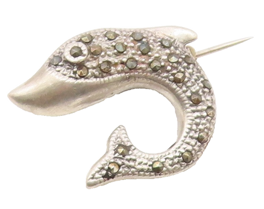 925 Sterling Silver  Vintage Marcasite Dolphin Motif Brooch Pin  BP7997
