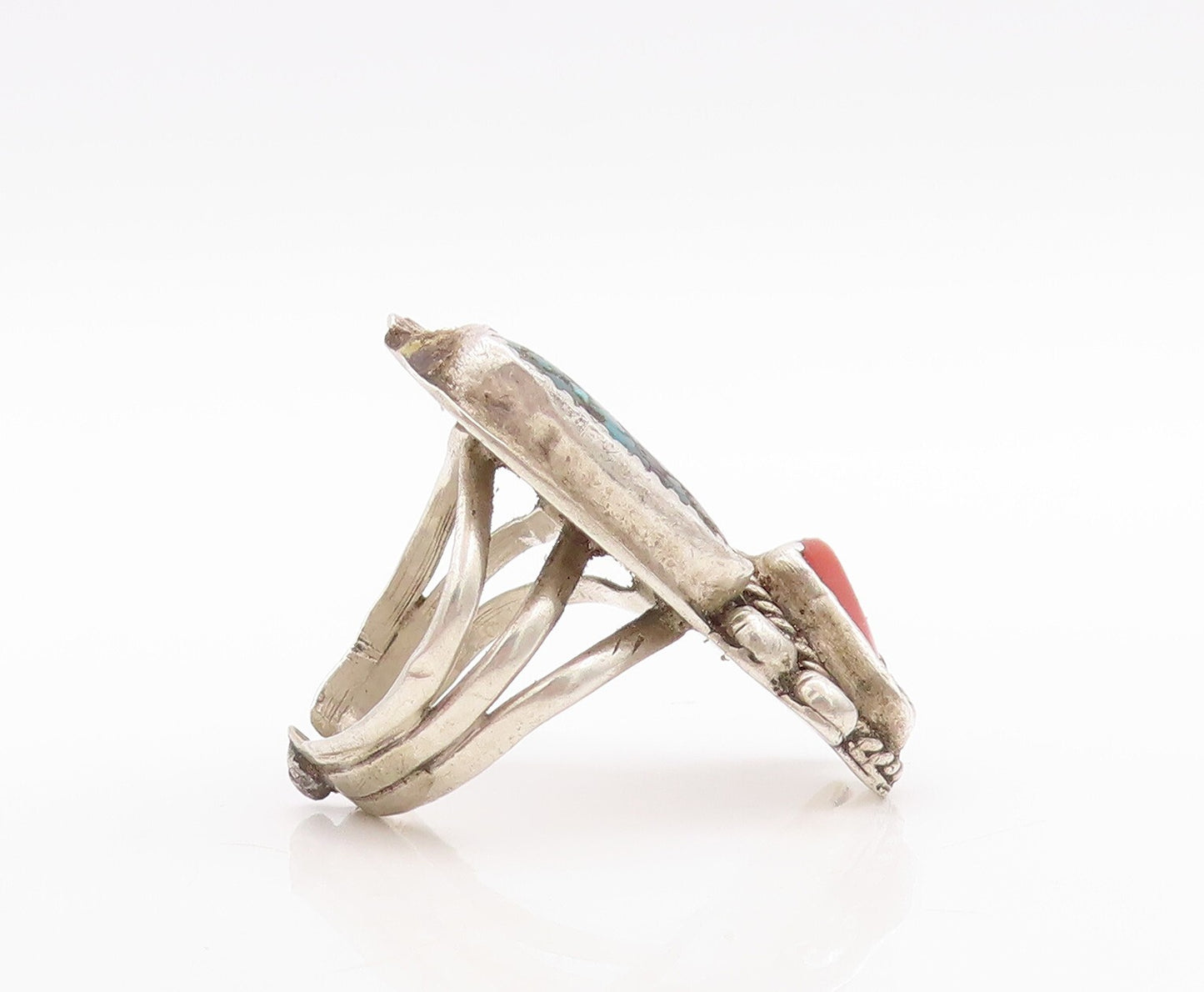 925 Sterling Silver Vintage Ring NAVAJO Turquoise Carnelian Floral Sz 10 RG31655