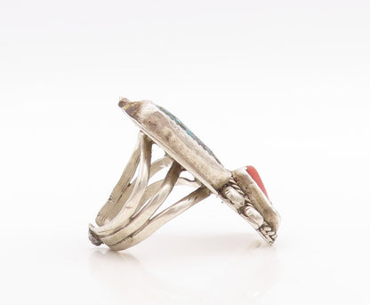 925 Sterling Silver Vintage Ring NAVAJO Turquoise Carnelian Floral Sz 10 RG31655