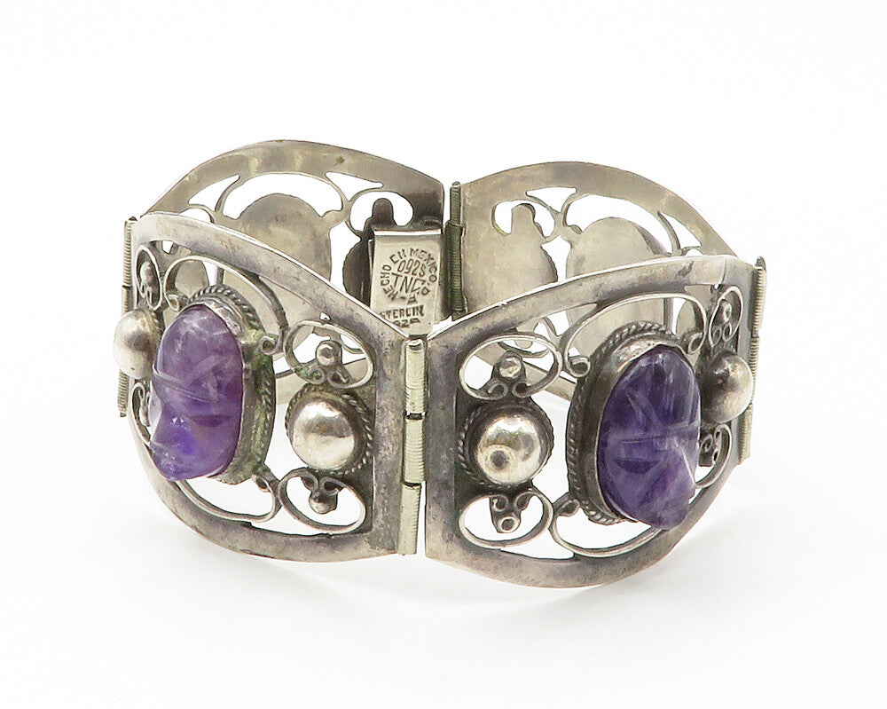 MEXICO 925 Silver  Vintage Face Carved Amethyst Swirl Chain Bracelet  BT5515