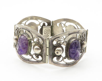 MEXICO 925 Silver  Vintage Face Carved Amethyst Swirl Chain Bracelet  BT5515