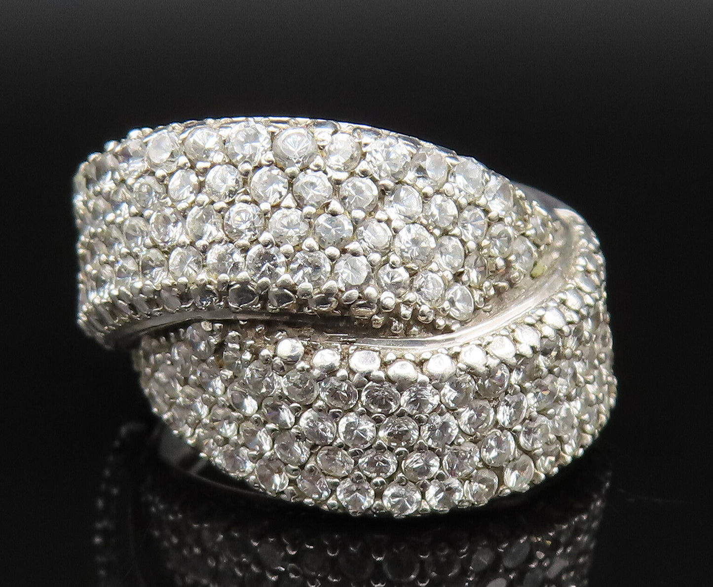 925 Silver  Vintage Sparkly Cubic Zirconia Overlapping Ring Sz 7.5  RG25442