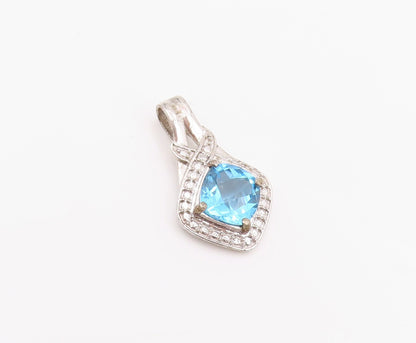 925 Sterling Silver Vintage Pendant Square Cut Blue Halo White Topaz   PT24265
