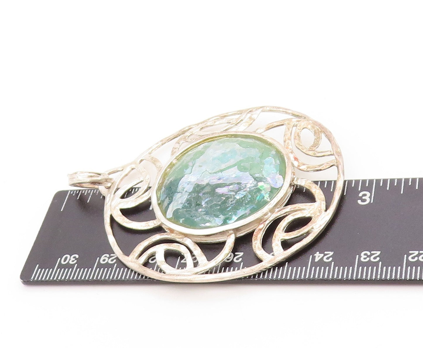 925 Sterling Silver Vintage Pendant ISRAEL Round Roman Glass Medallion  PT25055