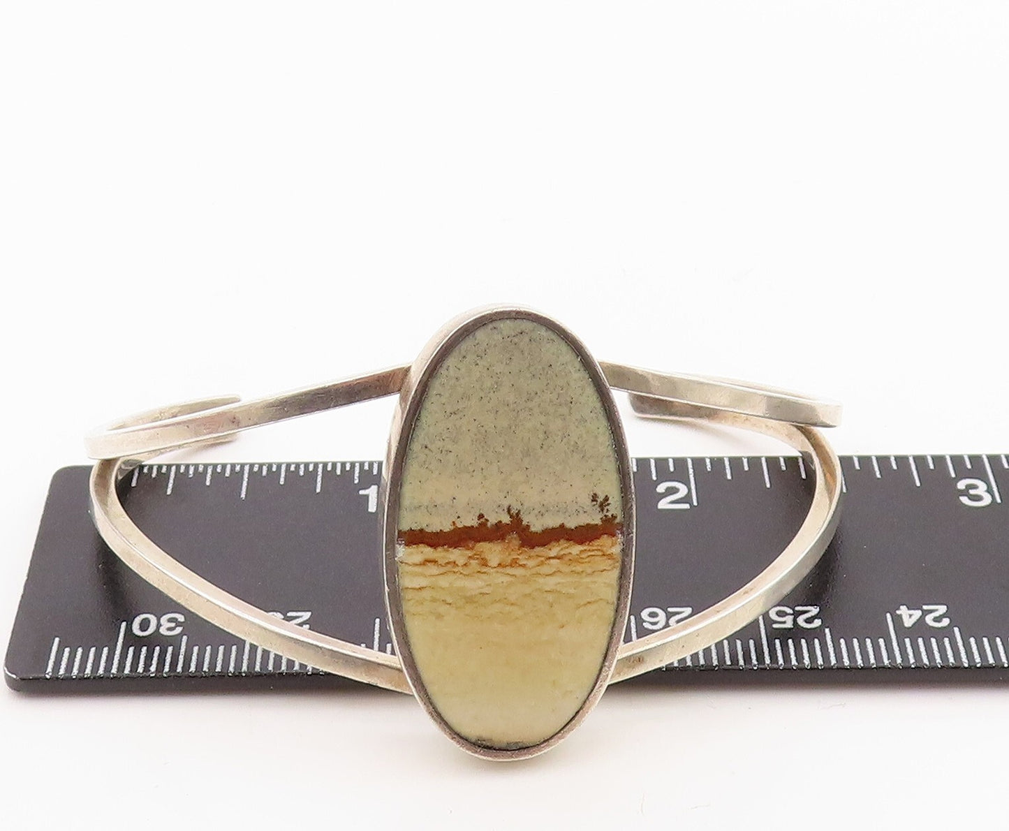 925 Sterling Silver Vintage Bracelet Oval Enameled Landscape Cuff  BT10784