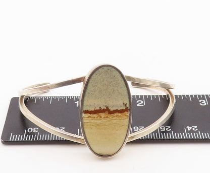 925 Sterling Silver Vintage Bracelet Oval Enameled Landscape Cuff  BT10784