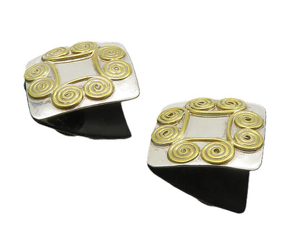 MEXICO 925 Silver  Vintage Shiny Two Tone Swirl Non Pierce Earrings  EG4985