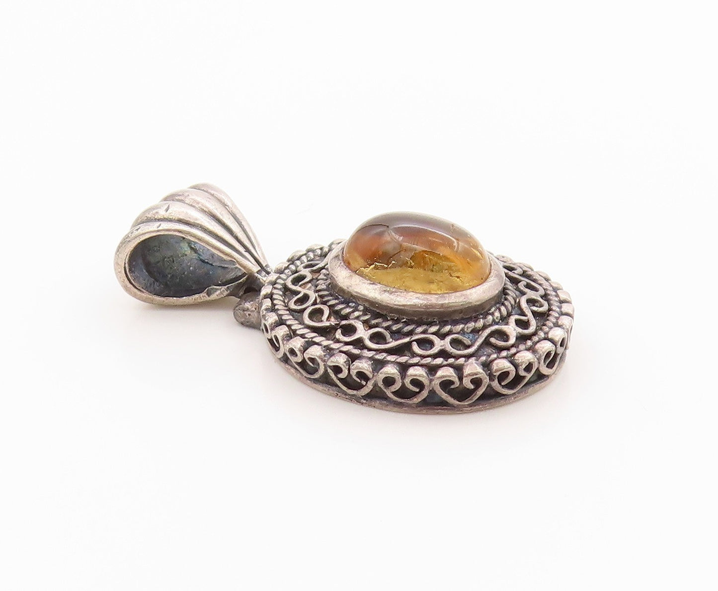 925 Sterling Silver Vintage Pendant Dark Tone Etched Oval Citrine Charm  PT24863