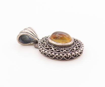 925 Sterling Silver Vintage Pendant Dark Tone Etched Oval Citrine Charm  PT24863