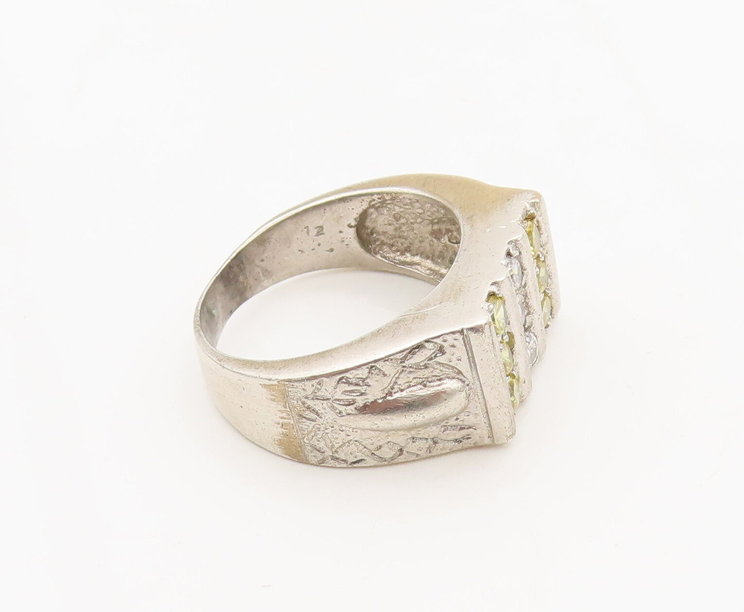 925 Sterling Silver  Vintage Yellow White Topaz Band Carved Ring Sz 12 RG27444
