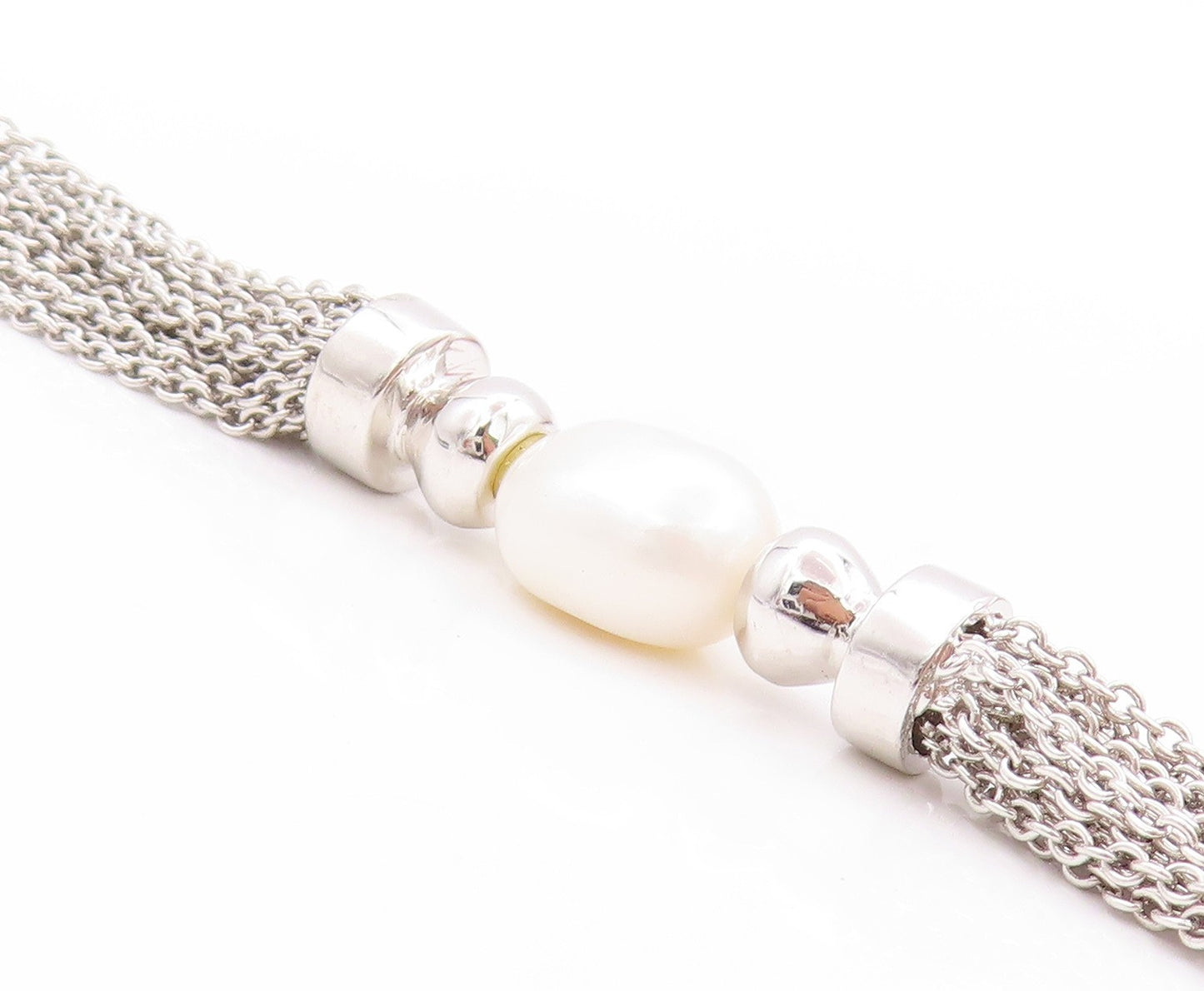 925 Sterling Silver Vintage Bracelet Modernist Pearl & Mesh Chain  BT11252