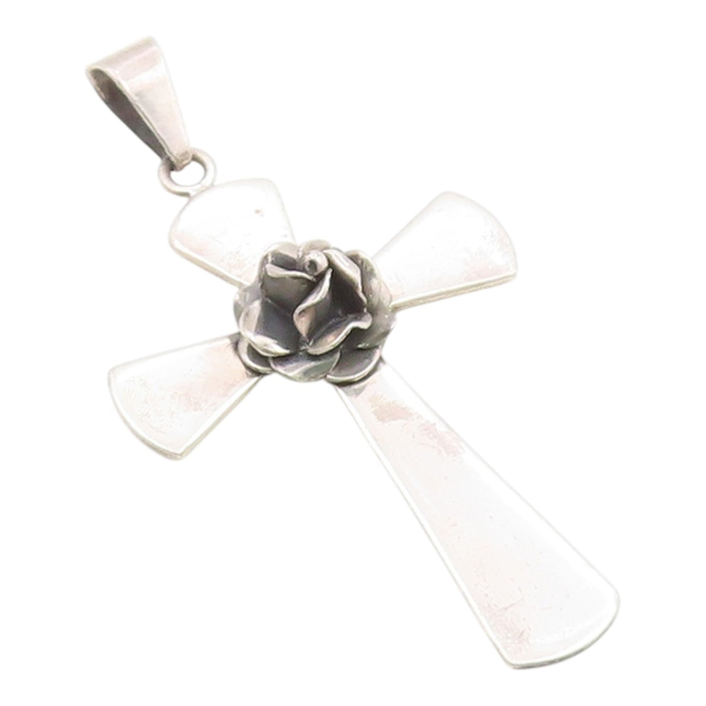 925 Sterling Silver Vintage Pendant MEXICO Carved Rose Religious Cross  PT26300
