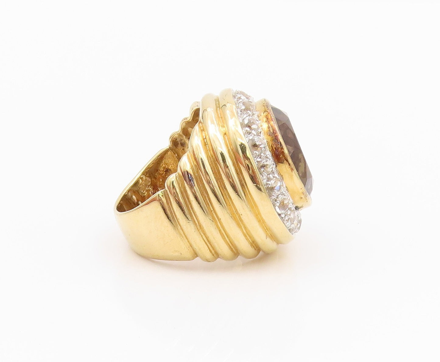 925 Sterling Silver Vintage Ring Gold Plated Smokey Quartz & CZ  Sz 7.5  RG33066