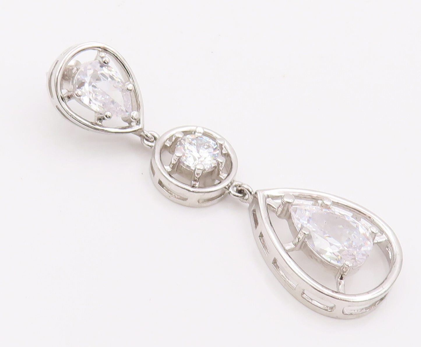 925 Sterling Silver Vintage Earrings Cutout Border Round & Pear Drop CZ  EG12807