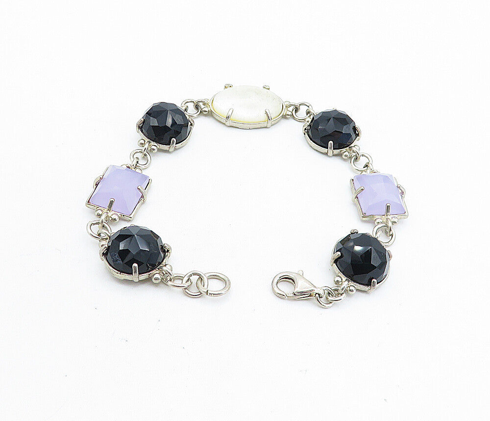 925 Silver  Vintage Hematite Mother Of Pearl & Amethyst Chain Bracelet  BT3013
