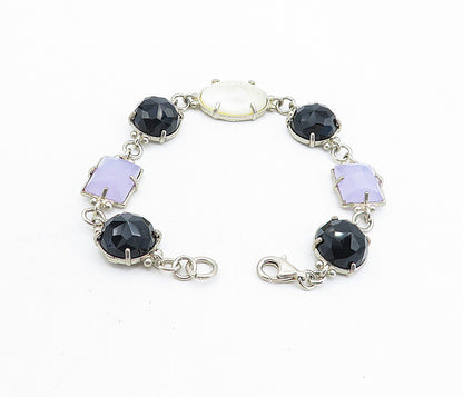 925 Silver  Vintage Hematite Mother Of Pearl & Amethyst Chain Bracelet  BT3013