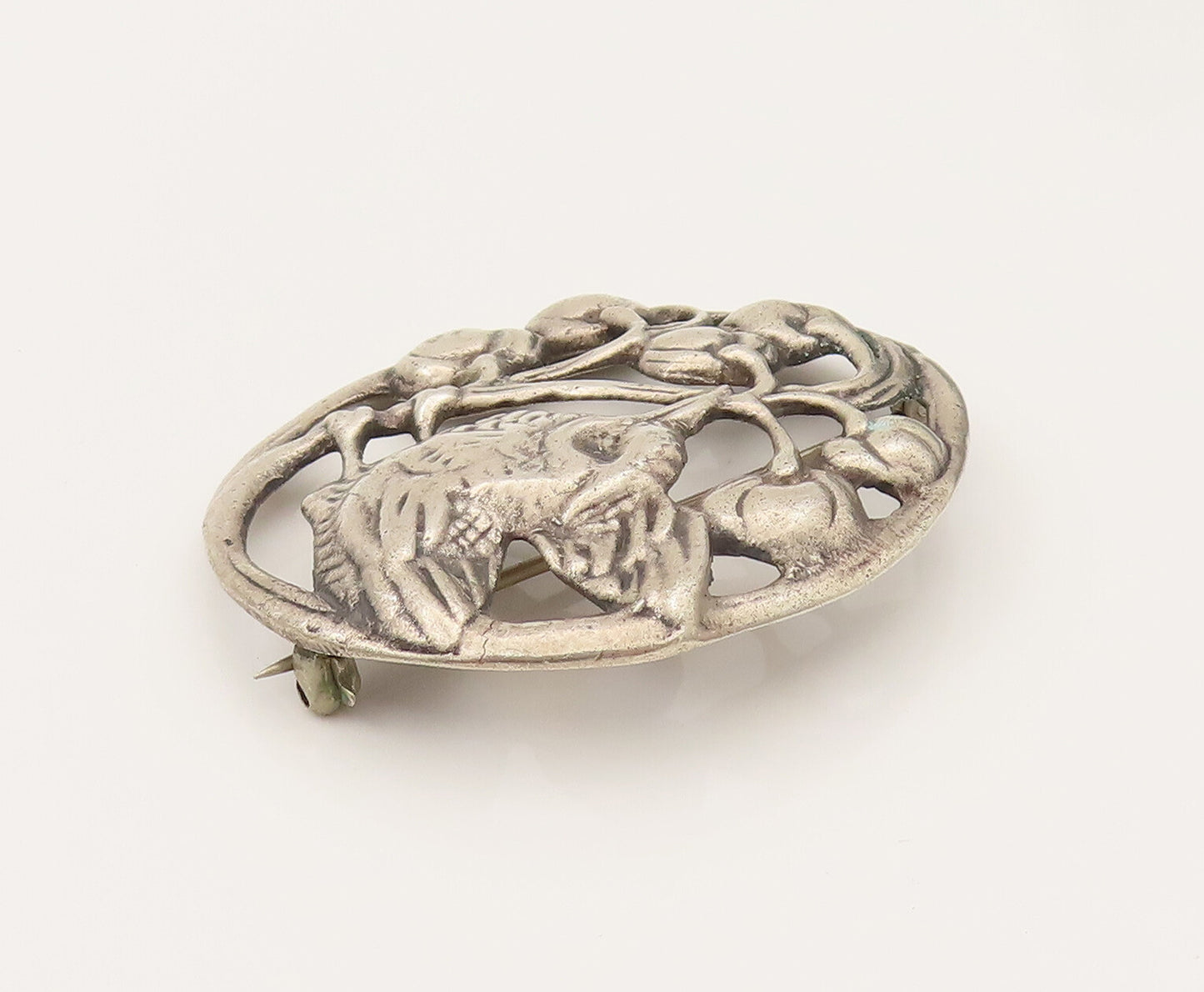 925 Silver  Vintage Antique Garden Bird & Cherries Cutout Brooch Pin  BP10204