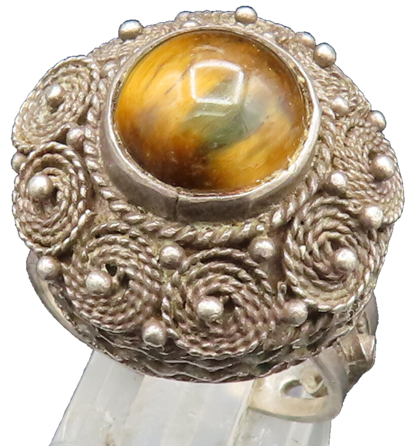 ISRAEL 925 Silver  Vintage Beaded Rope Spiral Tiger's Eye Ring Sz 9  RG24956