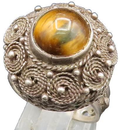 ISRAEL 925 Silver  Vintage Beaded Rope Spiral Tiger's Eye Ring Sz 9  RG24956