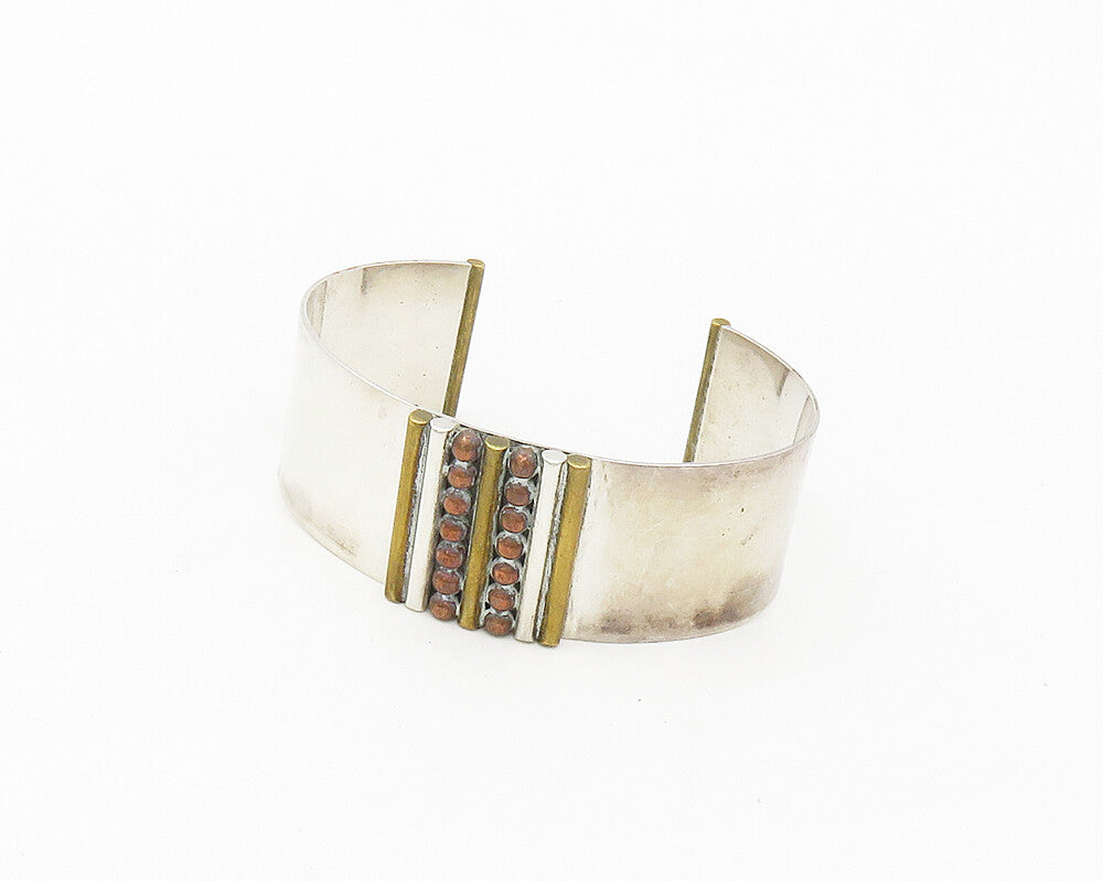 DESIGNER 925 Silver Vintage Shiny Three Tone Detail Cuff Bracelet BT6976