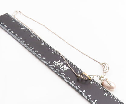 14k Gold & 925 Sterling Silver Vintage Necklace Elegant Pearl & CZ Drop  NE4861