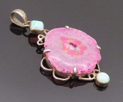 925 Sterling Silver Vintage Pendant Cabochon Solar Quartz & Fire Opal  PT22749