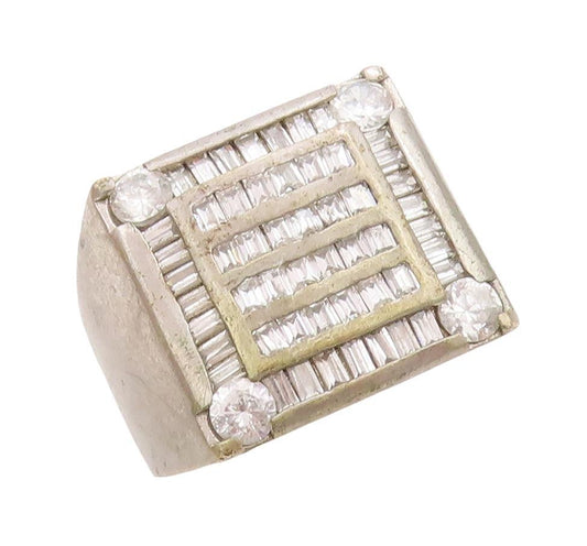 925 Sterling Silver Vintage Ring Solid Carved Brutalist Inlay CZ  Sz 9  RG28328