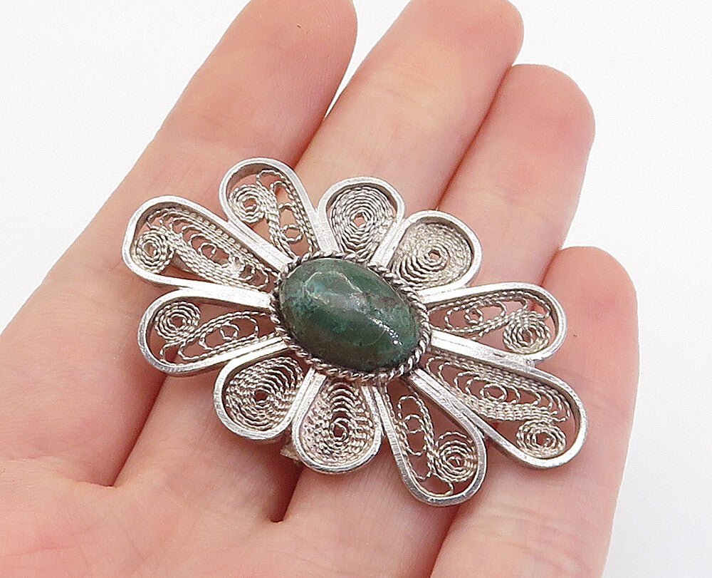 925 Sterling Silver  Vintage Eilat Stone Filigree Flower Brooch Pin  BP2872