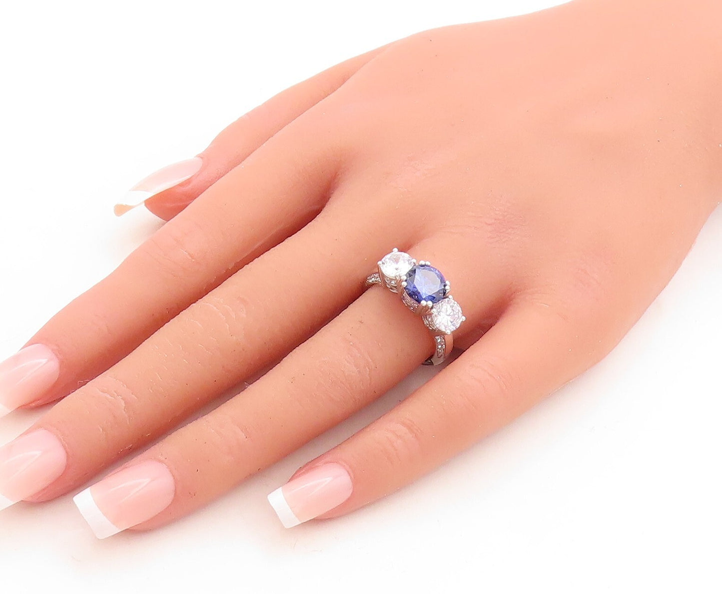925 Sterling Silver Vintage Ring Round Sapphire & CZ Side Stones Sz 7  RG30112