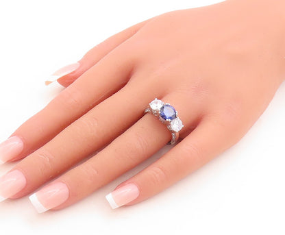 925 Sterling Silver Vintage Ring Round Sapphire & CZ Side Stones Sz 7  RG30112