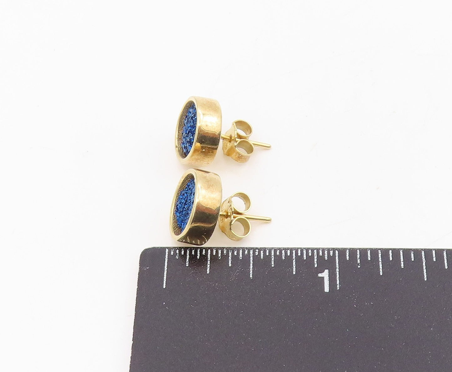 925 Sterling Silver Vintage Earrings Gold Plated Blue Drusy Quartz Stud  EG13880