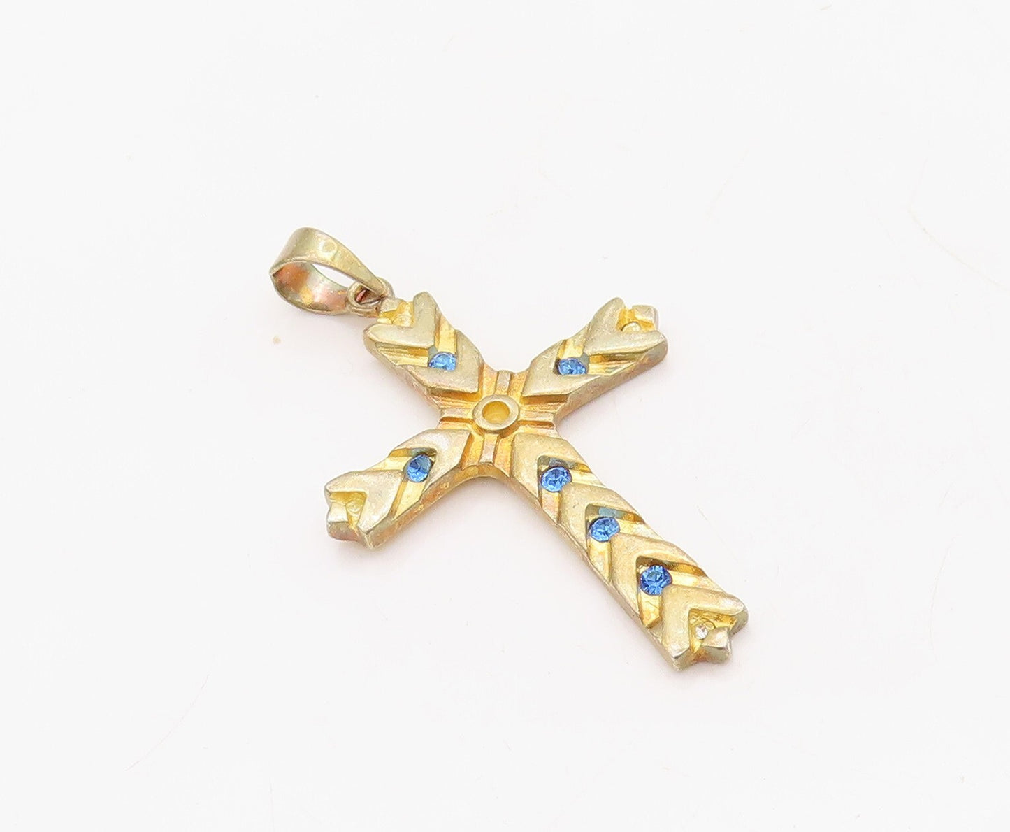 925 Sterling Silver Vintage Pendant Gold Plated CZ Inlay Carved Cross  PT23645