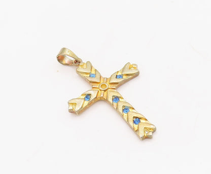 925 Sterling Silver Vintage Pendant Gold Plated CZ Inlay Carved Cross  PT23645