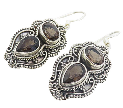 925 Sterling Silver  Vintage Smoky Topaz Shiny Swirl Dangle Earrings  EG3551