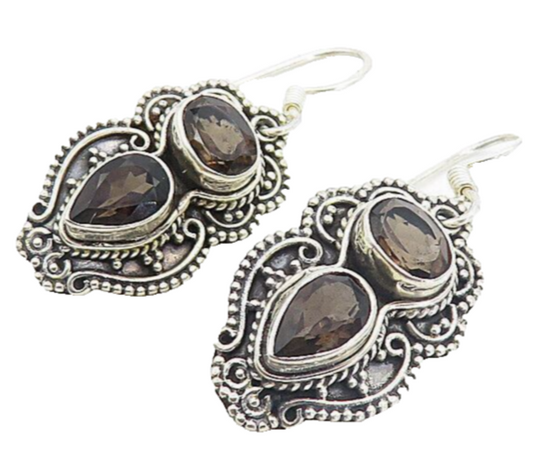 925 Sterling Silver  Vintage Smoky Topaz Shiny Swirl Dangle Earrings  EG3551
