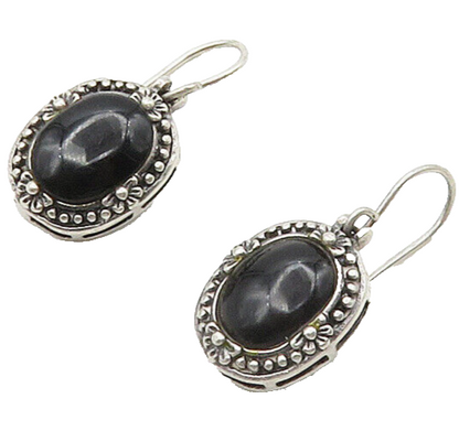 925 Sterling Silver  Vintage Cabochon Black Onyx Floral Drop Earrings  EG8108