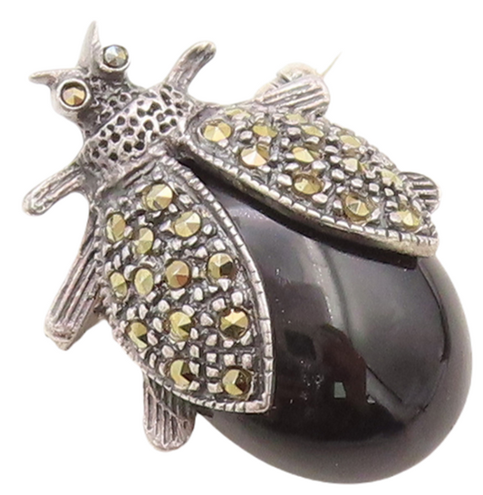 925 Sterling Silver Vintage Brooch Pin Carved Marcasite & Onyx Bug  BP11376