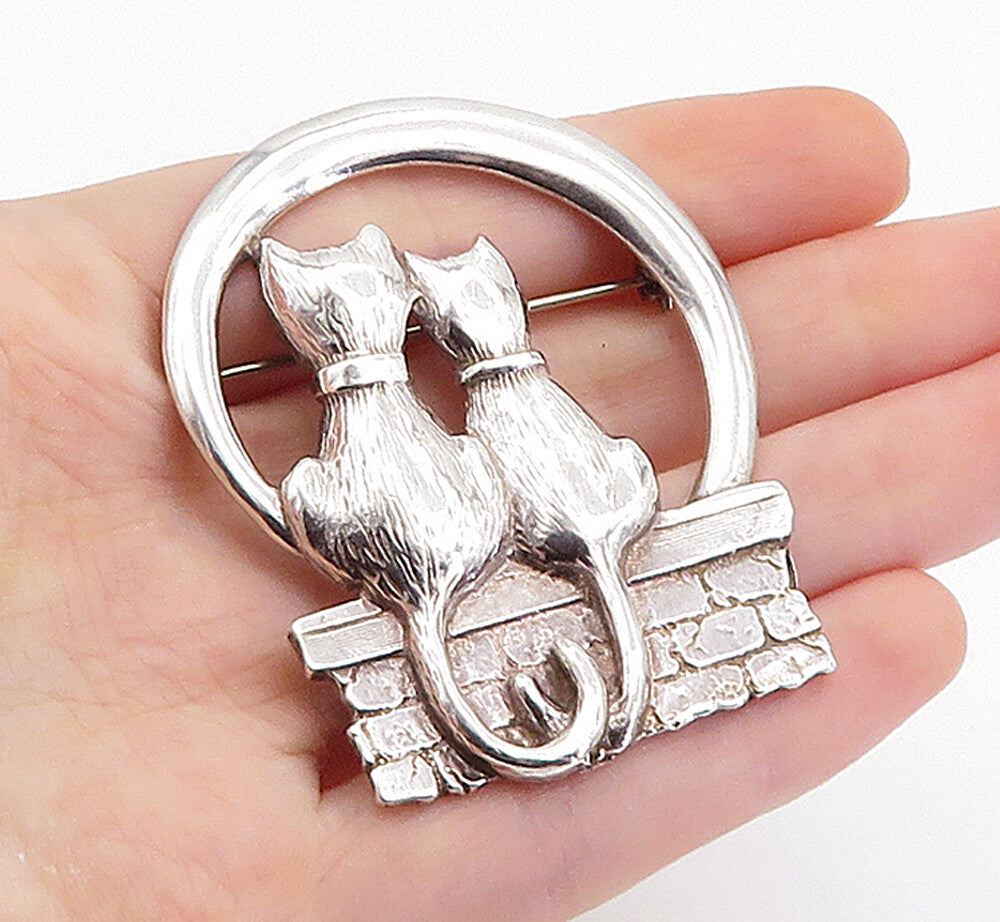 MEXICO 925 Sterling Silver  Vintage Sitting Cat Couple Brooch Pin  BP2634