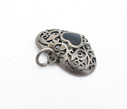 925 Sterling Silver  Vintage Inlaid Black Onyx Swirl Love Heart Pendant PT3553
