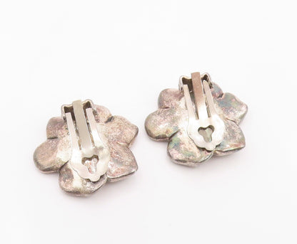 925 Sterling Silver  Vintage Dark Tone Flower Motif Non Pierce Earrings EG9970