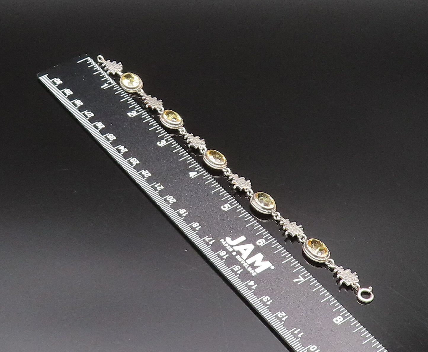 925 Silver  Vintage Oval Citrine & Chinese Character Chain Bracelet  BT9762