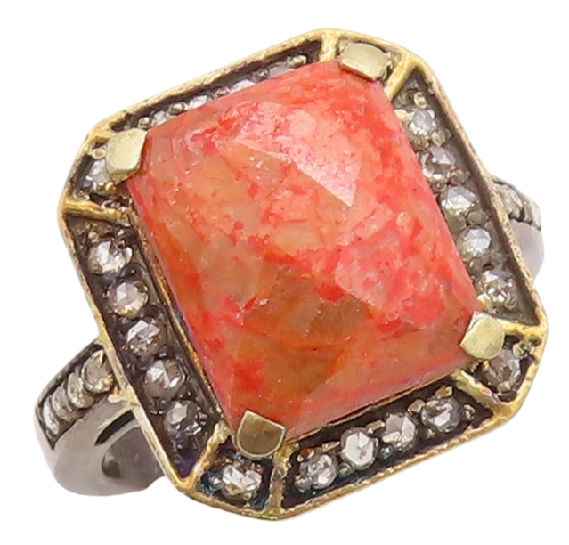 925 Sterling Silver Vintage Ring Orange Gemstone Halo Diamonds  Sz 7  RG29216