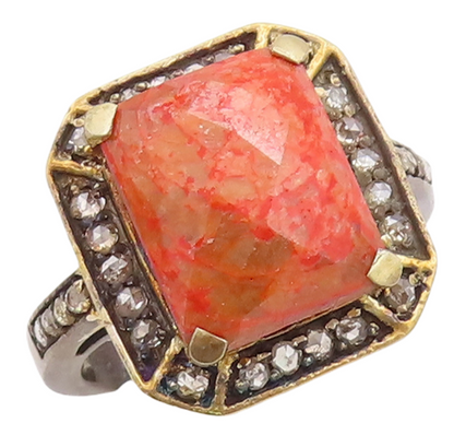 925 Sterling Silver Vintage Ring Orange Gemstone Halo Diamonds  Sz 7  RG29216