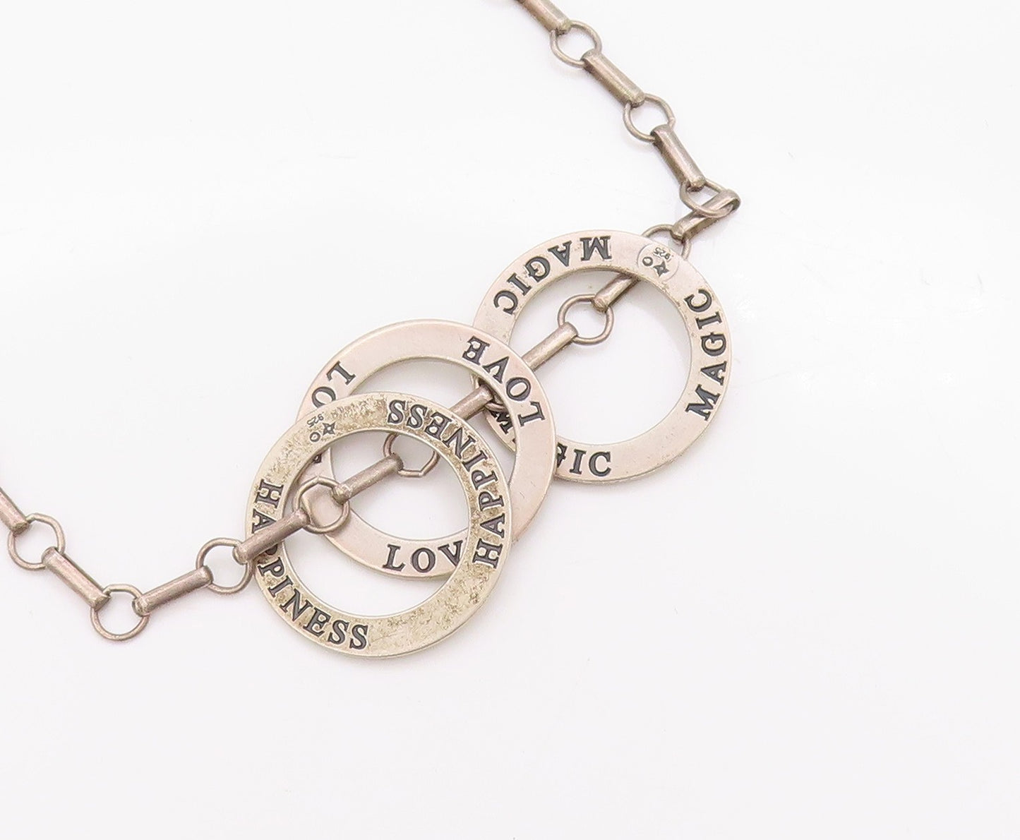 925 Sterling Silver Vintage Necklace With Engraved Love Happiness Magic  NE4616
