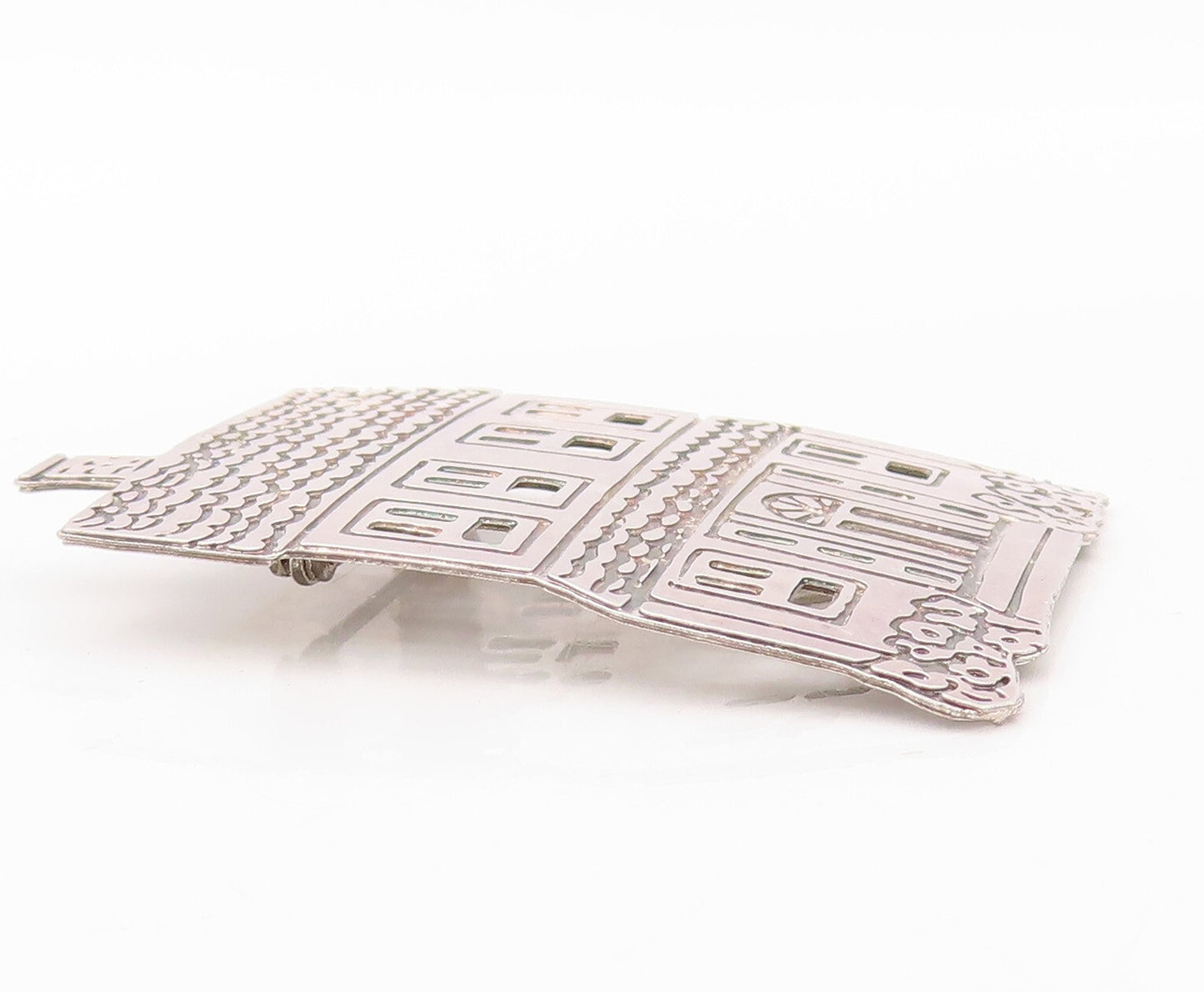 925 Sterling Silver Vintage Brooch Pin Solid Carved Family House  BP11192