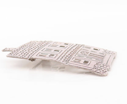 925 Sterling Silver Vintage Brooch Pin Solid Carved Family House  BP11192
