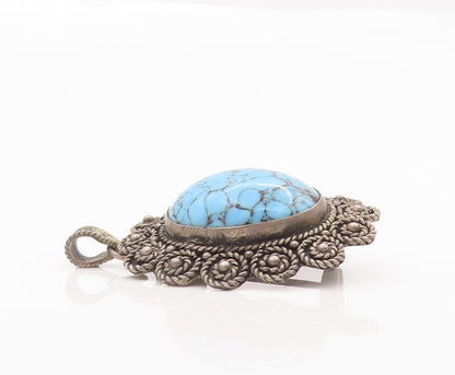 925 Sterling Silver Vintage Brooch Pin ISRAEL Turquoise Roped Flowers  BP10703