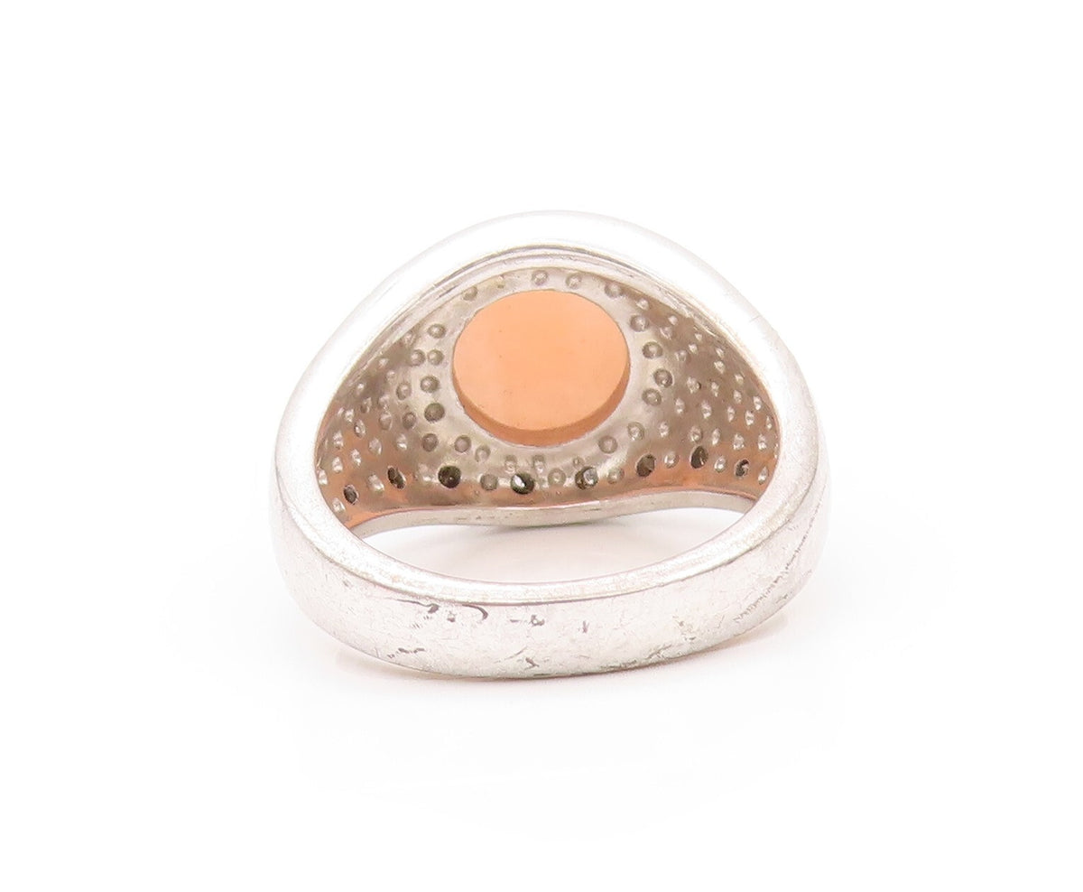 925 Sterling Silver Vintage Ring Diamonds & Orange Cabochon Jade  SZ 8  RG32143