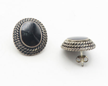 925 Sterling Silver  Vintage Black Onyx Rope Twist Oval Drop Earrings  EG6002